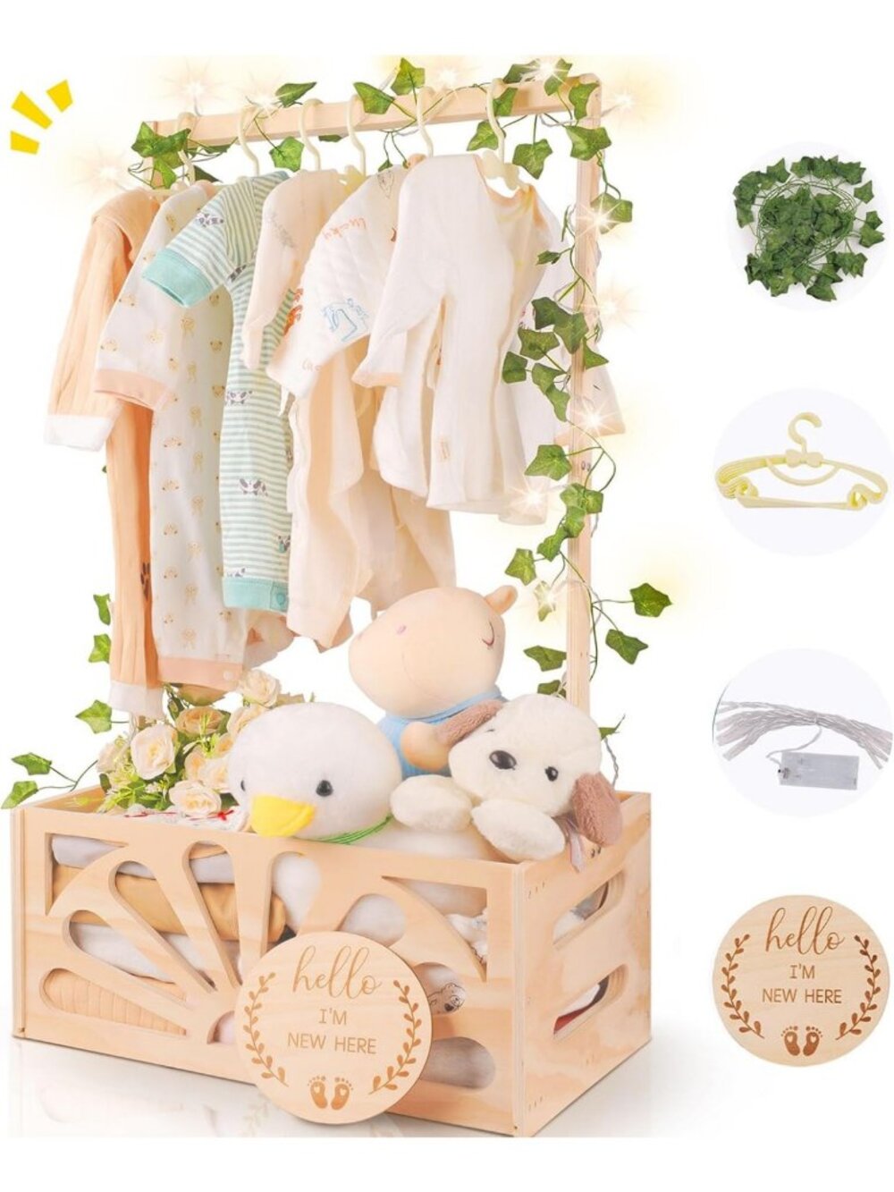 Wooden Baby Shower Crate Basket with Handle - Nursery Storage Organizer